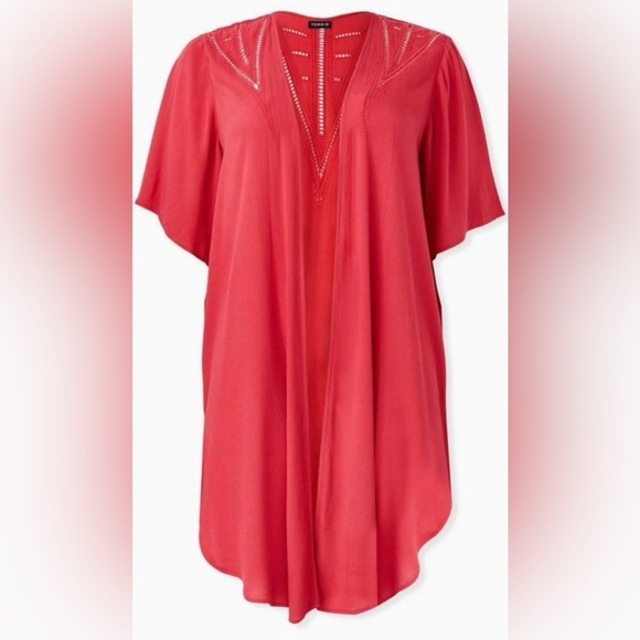 Torrid Kimono Red Crinkled Gauze Crochet Inset Women’s Plus Size Size 1/2 - Picture 3 of 10